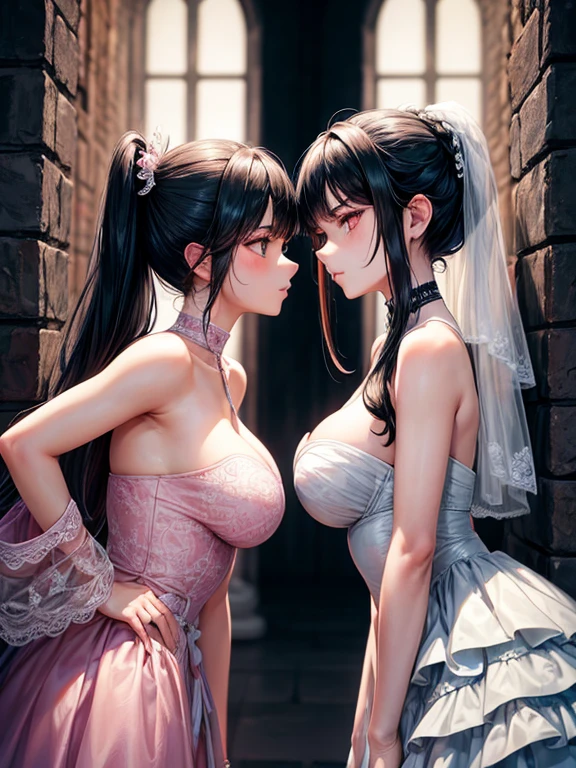 Two 18-year-old girls，Black Hair，Wedding dress，They put their faces close together and glare at each other，quarrel，Competing for breast size，Capturing an opponent，Wall，Standing firmly facing each other，whole body，Side angle