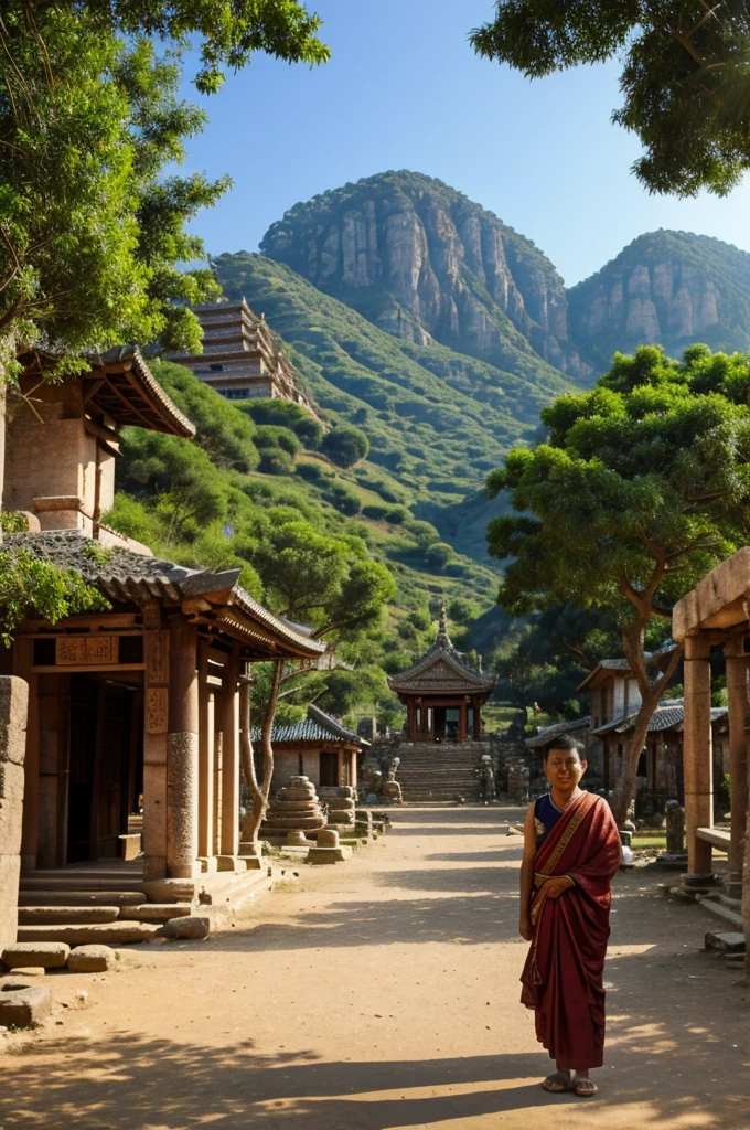 In the background is a beautiful ancient temple. In front of the temple is a village with people living there.