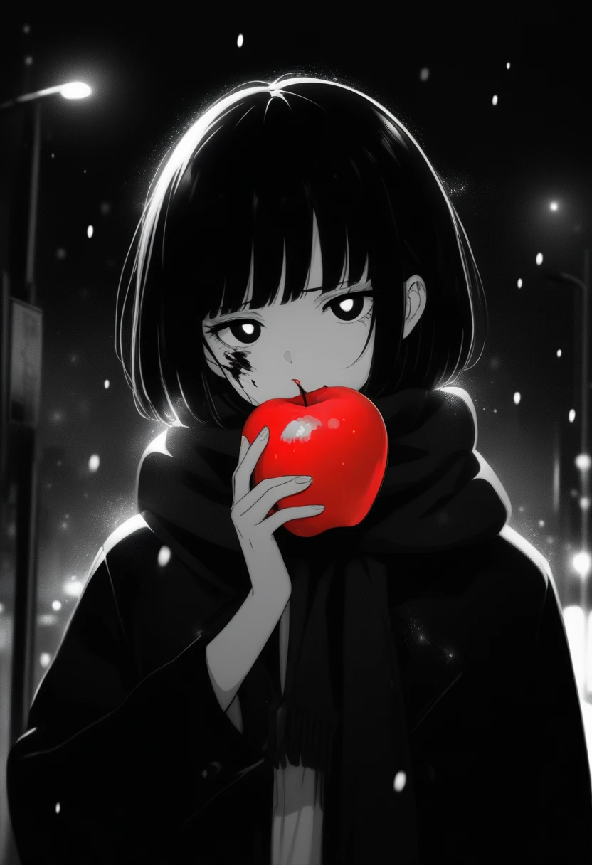 masterpiece, best quality, 1girl, momose_(oqo) official art, grayscale, manga style, japanese, chi no wadachi, black eyes, glowing white pupils, street, iced, black hair, schoolbag, lineart, looking at viewer, blood on face, black coat, black scarf, 35 years old, mature_female:1, tall, fair skinned, bokeh background, bob cut, light particles, centered, snowing, emotional anime scene, scenery:0.5, official wallpaper, (very aesthetic, best quality, ultra detailed), intricate details, red and blue lights flashing, cool, soleless, emotionless, tired, taking a bite out of a shiny red apple, eating apple, holding apple to lips, holding, street lamp, surrounded by darkness, stars in the sky, biting, full shot