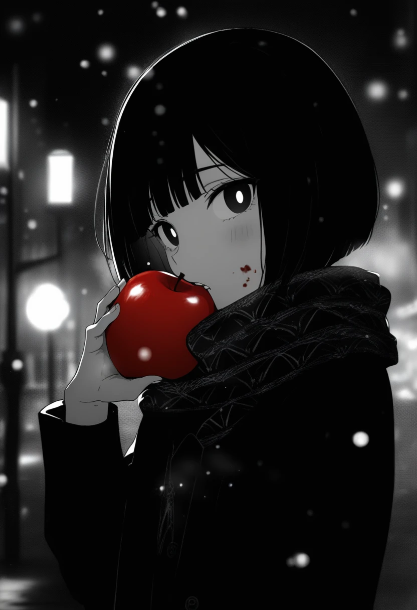 masterpiece, best quality, 1girl, momose_(oqo) official art, grayscale, manga style, japanese, chi no wadachi, black eyes, glowing white pupils, street, iced, black hair, schoolbag, lineart, looking at viewer, blood on face, black coat, black scarf, 35 years old, mature_female:1, tall, fair skinned, bokeh background, bob cut, light particles, centered, snowing, emotional anime scene, scenery:0.5, official wallpaper, (very aesthetic, best quality, ultra detailed), intricate details, red and blue lights flashing, cool, soleless, emotionless, tired, taking a bite out of a shiny red apple, eating apple, holding apple to lips, holding, street lamp, surrounded by darkness, stars in the sky, biting, full shot