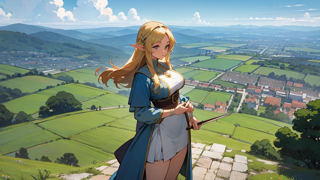 Anime Style,Nostalgic,Detailed background,The medieval world,Distant view from the top of the hill,Beautiful sky,Beautiful Elf Bard,Large Breasts,Healthy thighs