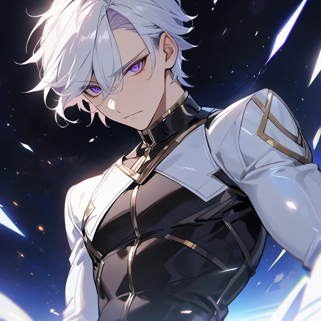 High quality, HD, 4k, no shadows, handsome male, 1male, 17 years old, teenager, golden lining, short white hair, sharp eyes, dark purple eyes, deep purple eyes, devil may cry, close up, calm expression, stoic expression, black leather clothes, white leather clothing, lean body, well trained body, upper body, looking at viewer, cowboy shot, white solar, space background