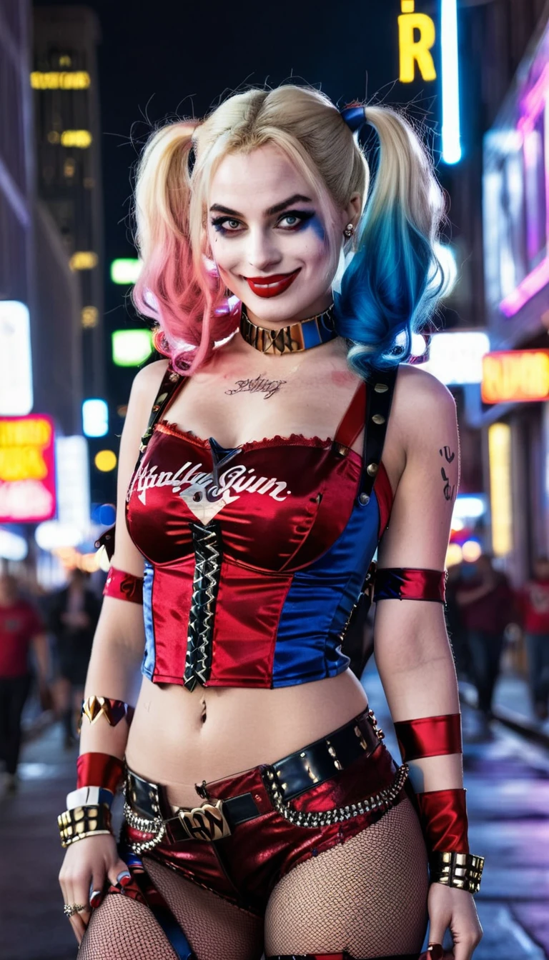 Create a realistic image of a woman, (DD cup breasts), athletic build, hourglass figure, dressed as a Harley Quinn-inspired character, psychotic smile. She has blonde hair styled in two pigtails, with the ends dyed red and blue. She wears a red and black corset top with lace-up detailing, red shorts, and a choker necklace. She has amazing legs. Her makeup includes bold eye colors matching her hair and a small heart on her cheek. The background is a vibrant city street at night, with neon lights and a bustling crowd of people. The overall atmosphere is edgy and dynamic, capturing a playful yet mischievous vibe. (Wide angle distant full body view:1.6). Hyper realistic photo, vibrant colors, 16k