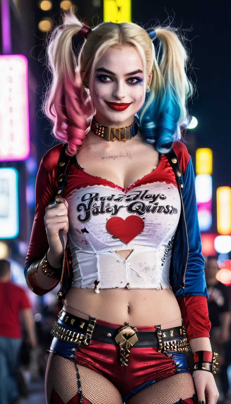 Create a realistic image of a woman, (DD cup breasts), athletic build, hourglass figure, dressed as a Harley Quinn-inspired character, psychotic smile. She has blonde hair styled in two pigtails, with the ends dyed red and blue. She wears a red and black corset top with lace-up detailing, red shorts, and a choker necklace. She has amazing legs. Her makeup includes bold eye colors matching her hair and a small heart on her cheek. The background is a vibrant city street at night, with neon lights and a bustling crowd of people. The overall atmosphere is edgy and dynamic, capturing a playful yet mischievous vibe. (Wide angle distant full body view:1.6). Hyper realistic photo, vibrant colors, 16k