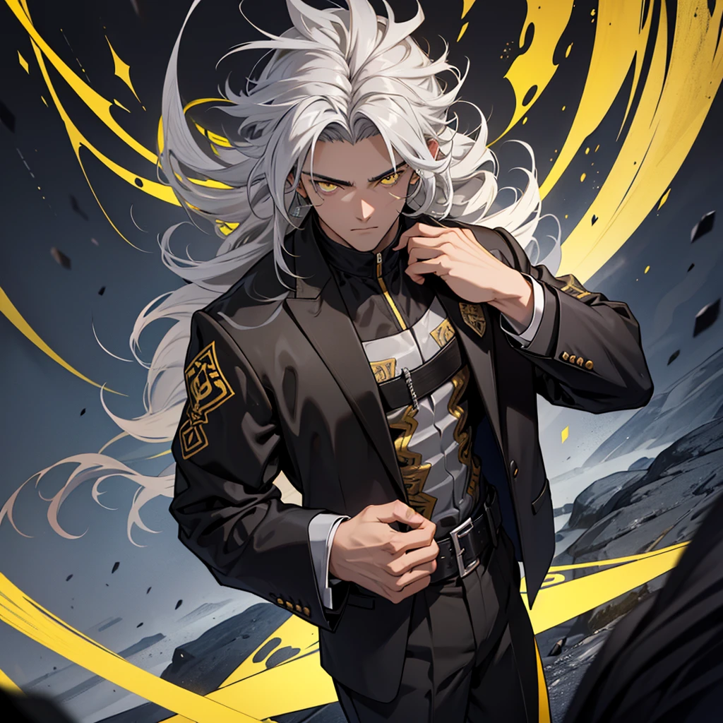 A 17 year old boy, big gray hair, gray hair, big hair, yellow eyes, suit, wearing a black suit, medieval period, medieval background, Ultra HD 4k, 4k, Ultra HD