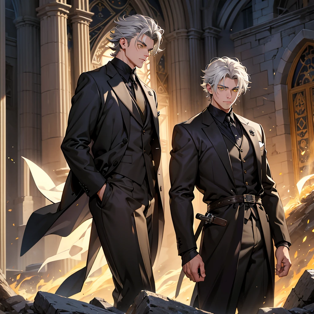 A boy, big gray hair, gray hair, big hair, yellow eyes, suit, wearing a black suit, medieval period, medieval background, Ultra HD 4k, 4k, Ultra HD