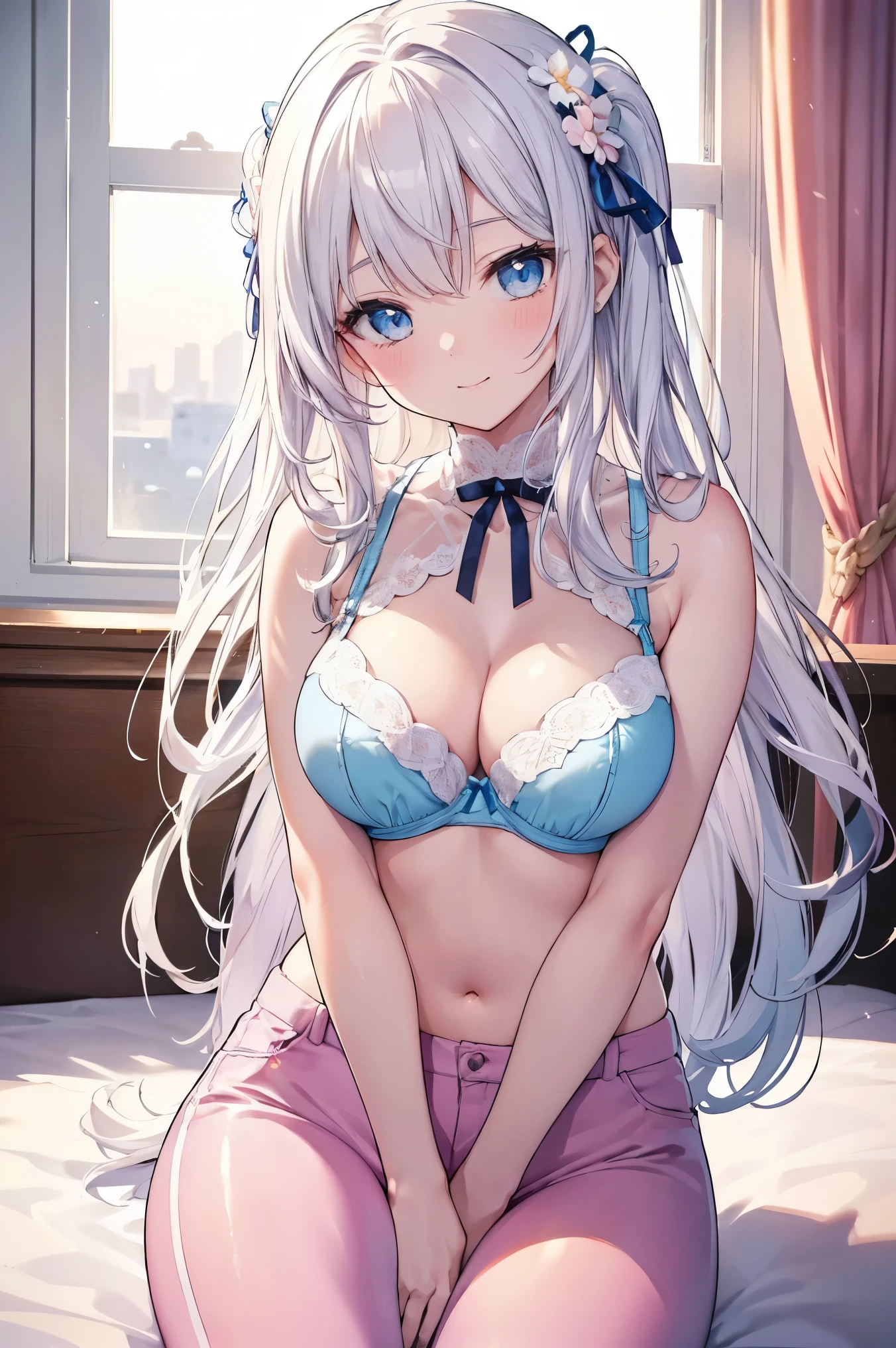 1girl in, Beautiful detailed eyes, (((long white hair))), Light blue eyes, Lustrous skin, High contrast, (((with light glowing)))、((masutepiece, Best Quality))、(((bare-legged)))、thighs thighs thighs thighs、Underbust、(((Mystical lighting)))、(top-quality、8k、​masterpiece、NSFW))、perfectly cute girls、Delicate and smooth skin、real looking skin、Perfect and beautiful face、Perfect and cute face、(subjective perspective、showing the view from above)、(((white  shirt, Pink collar, Pink skirt)))、The gap between the chest and underwear、shinny skin、Beautiful waist constriction、​masterpiece、top-quality、hight resolution、独奏、Night bed、lie down on your side、From  above、(((Begging for a hug with open arms)))、a bed、Rough breath, Sexual Performance Hospitality, cleavage of the breast, s lips, length hair, Opening Mouth, Are sleeping, (​masterpiece), super detailing, (highdetailskin), (top-quality: 1.0), (top-quality: 1.0), (top-quality, ​masterpiece), (((Spread your legs apart))), ((dynamicposes)), top-quality, ​masterpiece, Ulutra HD, (((The back of the thigh is visible))), ((POV:1.7)))、slender hips、round breast、((((NSFW))、hard breathing、Problem eyebrows、Upturned eyebrows、(no brassiere)、​masterpiece、top-quality、hight resolution,unwear、From  above、disheveled clothes、Sexual symptoms、​masterpiece、top-quality、hight resolution、see -through、 Slippery Rubra、Side Tie T-Back、New down、disheveled underwear、Rough breath、Sexual expression、full bodyesbian