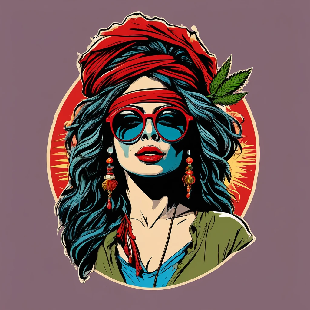 Conceptual Art T-shirt logo design of a lewd woman with long messy hair, wearing a bandana like a gypsy, smoking marijuana, wearing glasses and a tight skirt with pantyhose, red nose, half closed eyes, open mouth, front view, solo, colorful, art SFW concept