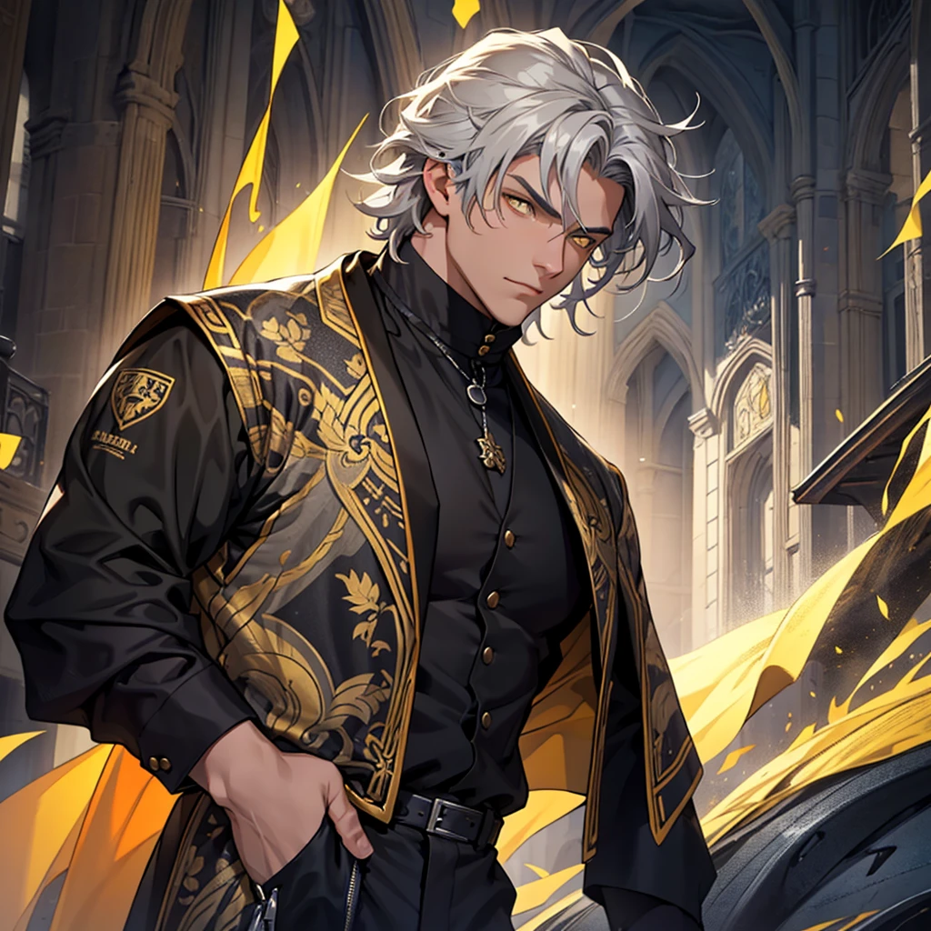 A 15 year old boy, big gray hair, gray hair, big hair, yellow eyes, suit, wearing a black suit, medieval period, medieval background, Ultra HD 4k, 4k, Ultra HD