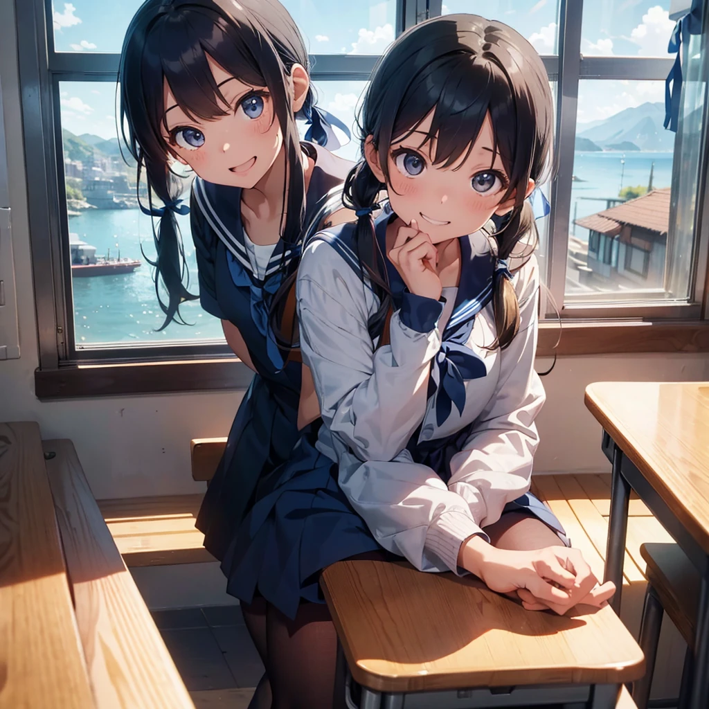 Highest quality, Very detailed, masterpiece, One Girl, sit in a chair in the classroom, talk, Smile, 15yo, (low twintails:1.2), Pigtails, Black Hair, Long Hair, (Navy blue sailor suit:1.4), Blue ribbon, Long sleeve, School desk, School Chair, Evening Classroom, from the front, window, Distant cityscape, On top of the mountain, anime