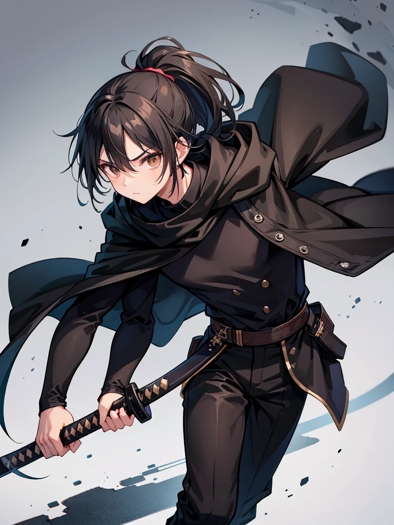 teenage man, medium length black hair in a manly ponytail, brown eyes, black cloak, black pants, black shirt, wielding katana