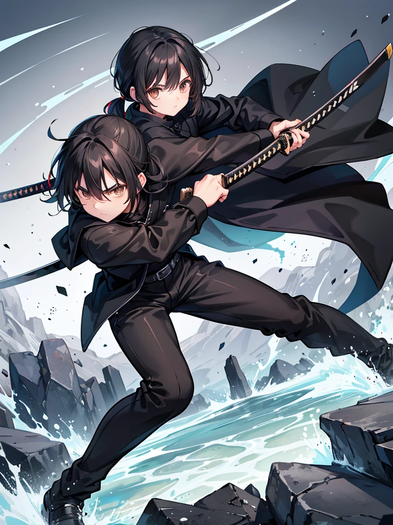 teenage man, medium length black hair in a manly ponytail, brown eyes, black cloak, black pants, black shirt, wielding katana