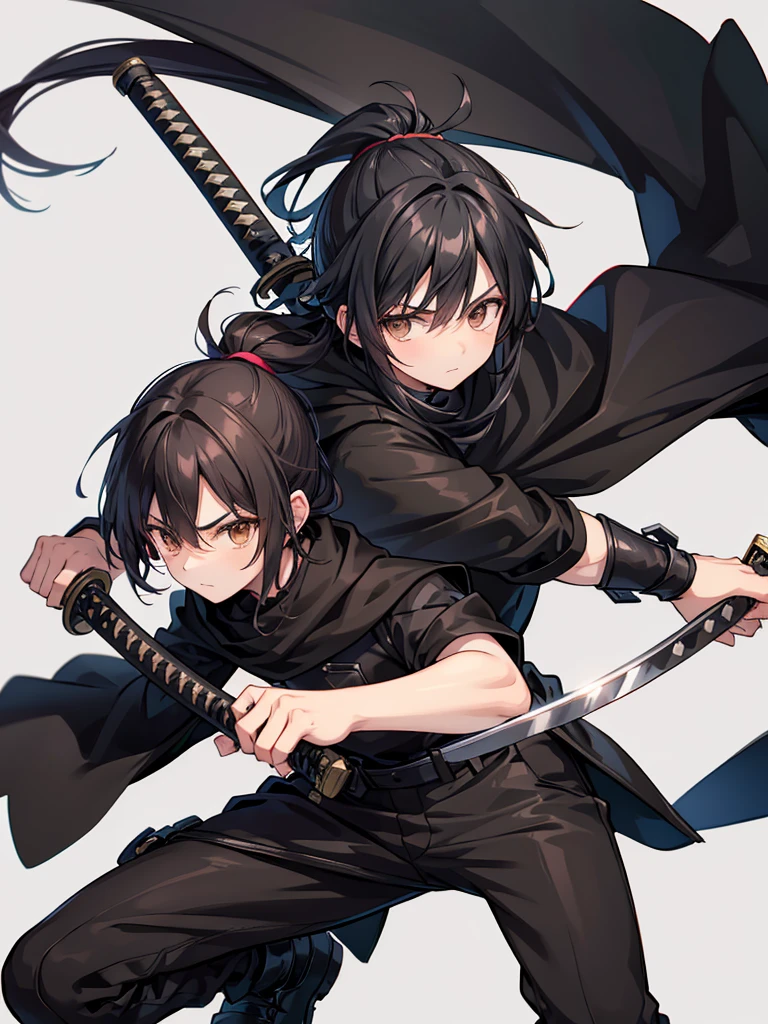 teenage man, medium length black hair in a manly ponytail, brown eyes, black cloak, black pants, black shirt, wielding katana