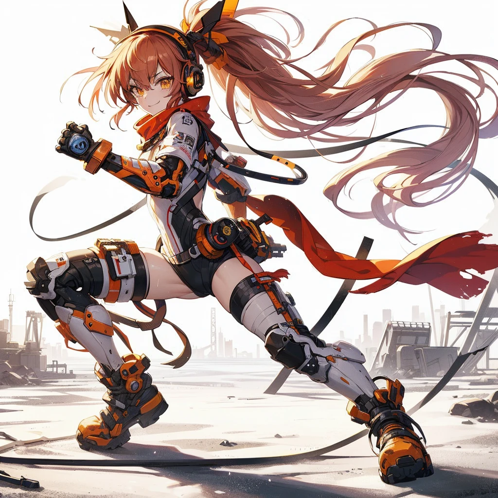 (Masterpiece, Top Quality), (Perfect Athlete Body: 1.2), (Detailed Hair), Ultra-Detailed, Anime Style, Full Length, anime style, full body, solo, cyberpunk fighter girl, cyberpunk battle bodysuits and red scarf, orange ponytail hair and yellow eye, high-tech headphone, big gauntlet and hi-tech boots, standing in wasteland, digital painting, 8K high resolution, art station trend, white background, whole body, fighting pose, wining smile