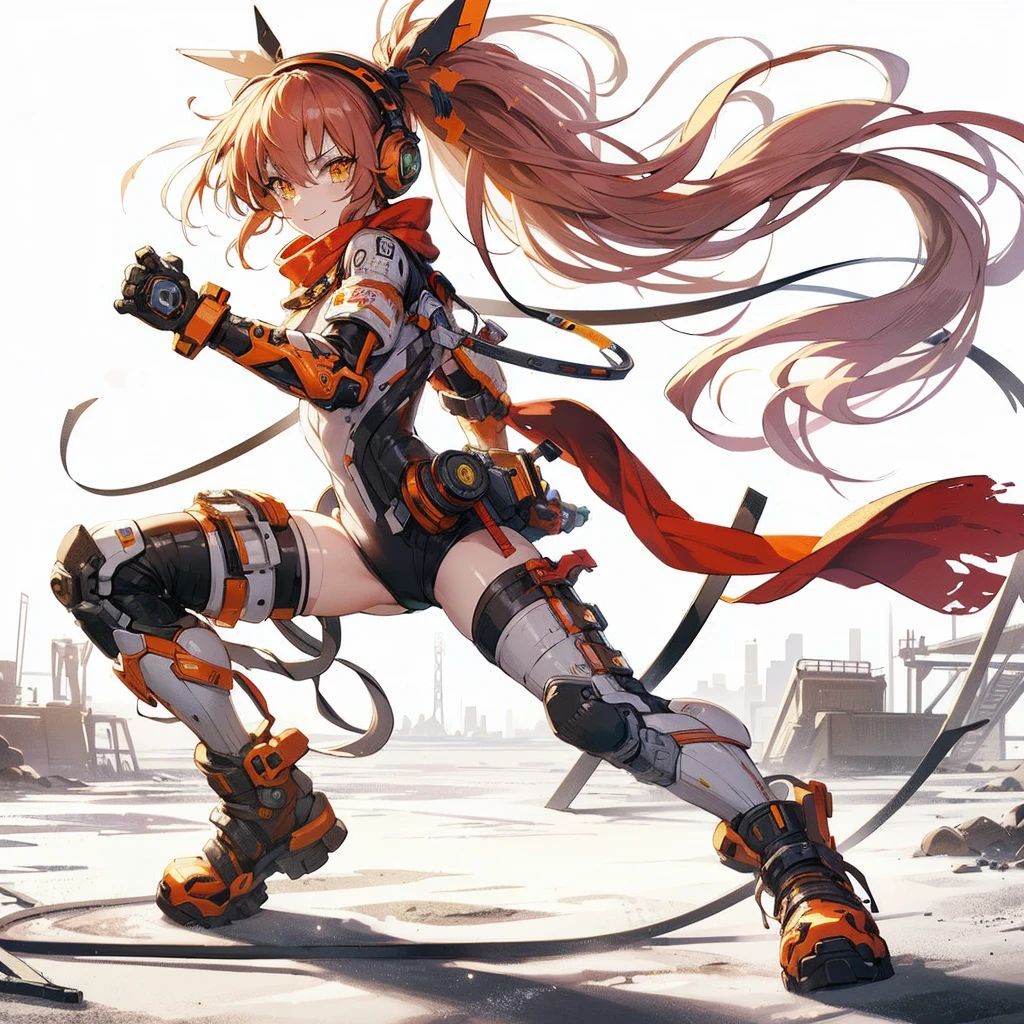 (Masterpiece, Top Quality), (Perfect Athlete Body: 1.2), (Detailed Hair), Ultra-Detailed, Anime Style, Full Length, anime style, full body, solo, cyberpunk fighter girl, cyberpunk battle bodysuits and red scarf, orange ponytail hair and yellow eye, high-tech headphone, big gauntlet and hi-tech boots, standing in wasteland, digital painting, 8K high resolution, art station trend, white background, whole body, fighting pose, wining smile
