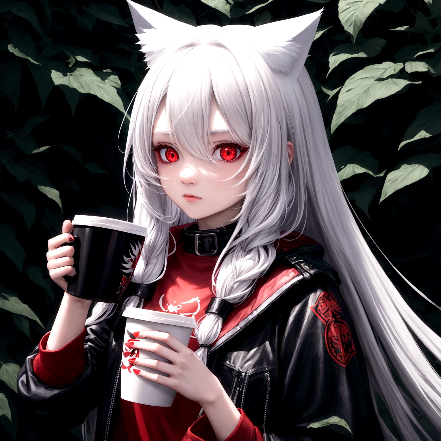 1 girl, beautiful, cool, long hair, white hair, cat ear, red eye, black jacket, red t-shirt, holding a cup coffee, nature place, 10 finger