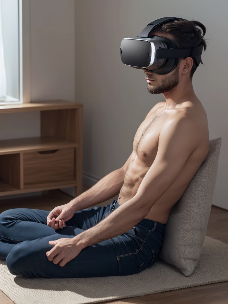 View of a male user undergoing a mindfulness session in VR, looks calm and focused.