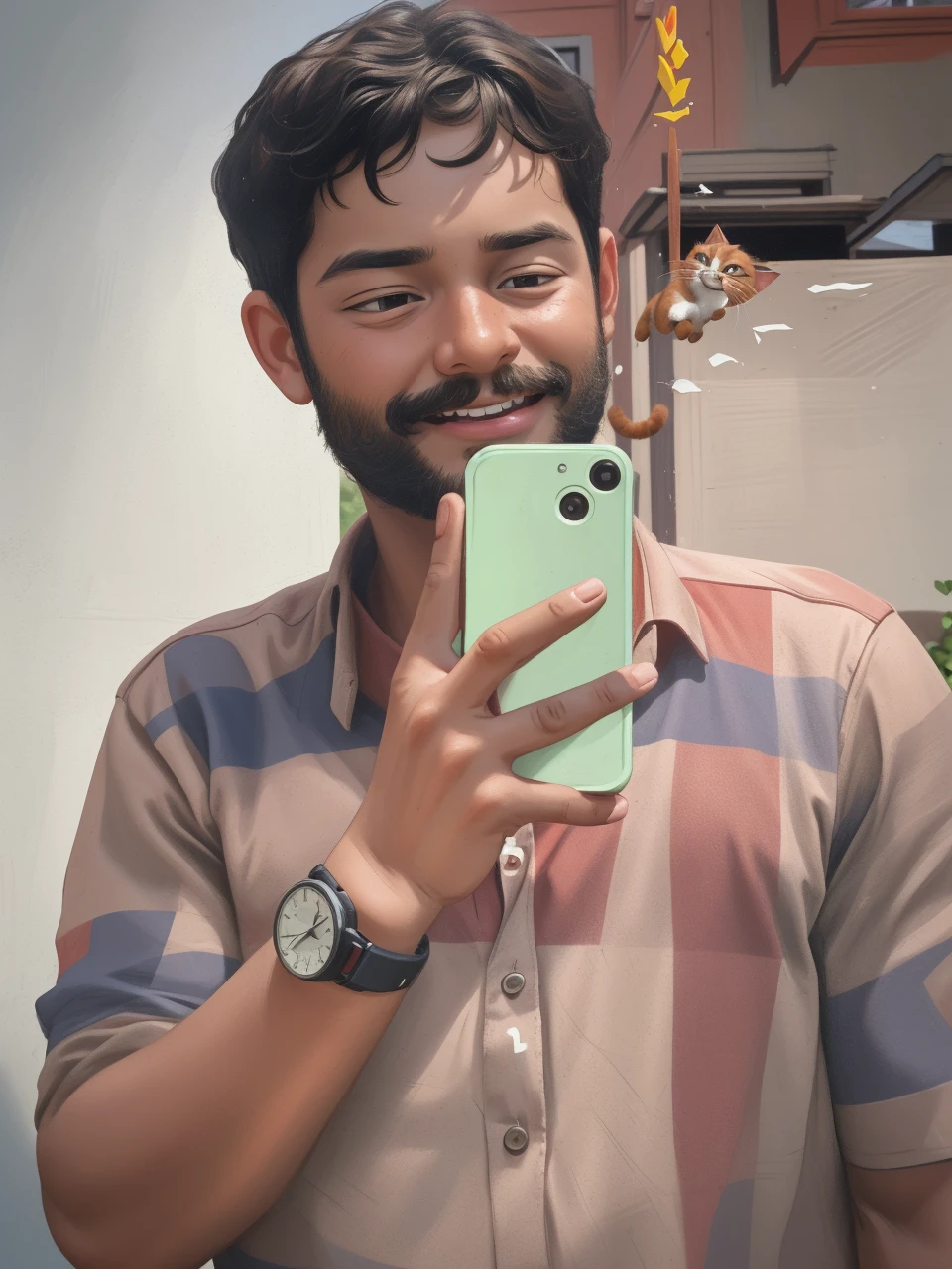 Realistic portrait of a seven-year-old boy, He wears a red shirt . His face is childish and exploratory . He goes out cautiously into the garden of the house, A small cat is among the bushes and he touches it cautiously ,Not facing the camera,, Hair is untidy ,