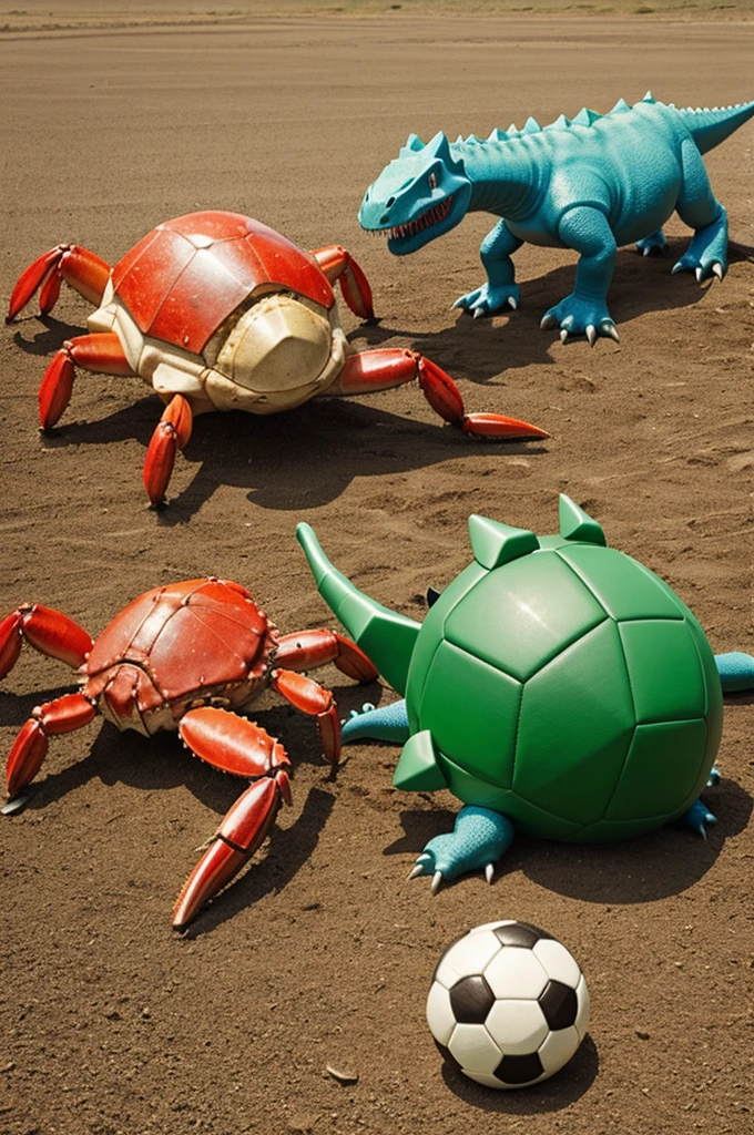 Crab and dinosaur playing soccer 
