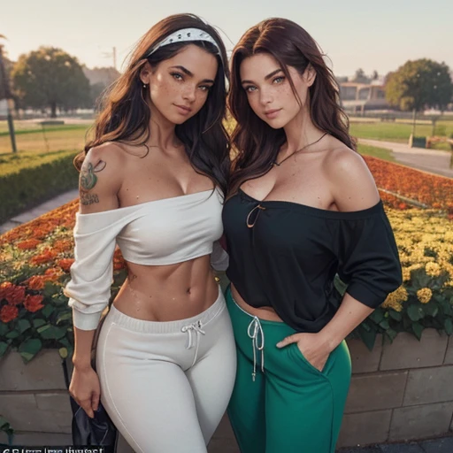 Two women with different natural color hair and skin next to each other, Athletic fit muscular 30 year old fitness athlete woman, amazingly long wavy  voluminous flowing hair down her back to her thighs, big beautiful green eyes, MANY freckles, muscle tone, wet and glistening from sweat, wearing low-rise oversized sweatpants-shorts, ((( IMPORTANT: and a huge loose baggy oversized low-cut comfy big sweatshirt with ONE wide-neck-hole that goes all around off-shoulder and cleavage in one big swoop 1.3))), very tall socks and cute sneakers, flowers in hair, muscle definition in shoulders and belly, curvy, juicy wide hips, thick thighs, nice big muscular ass, mature gorgeous incredible pretty face, grinning, laughing,  many tattoos on her body, longing in a beautiful flower garden in the mornings, Instagram model, (((small breasts 1.3))), (((birdseye-overhead-camera-angled-looking-down and wide-angle-lens and bokeh and incredible colors and  professional photographer 1.3))) k, SFW, abs,photorealistic,super long hair, incredible outfit that makes sense practically and beautifully for an autumn morning when it's sunny but a little windy, , headband, all clothes are one color