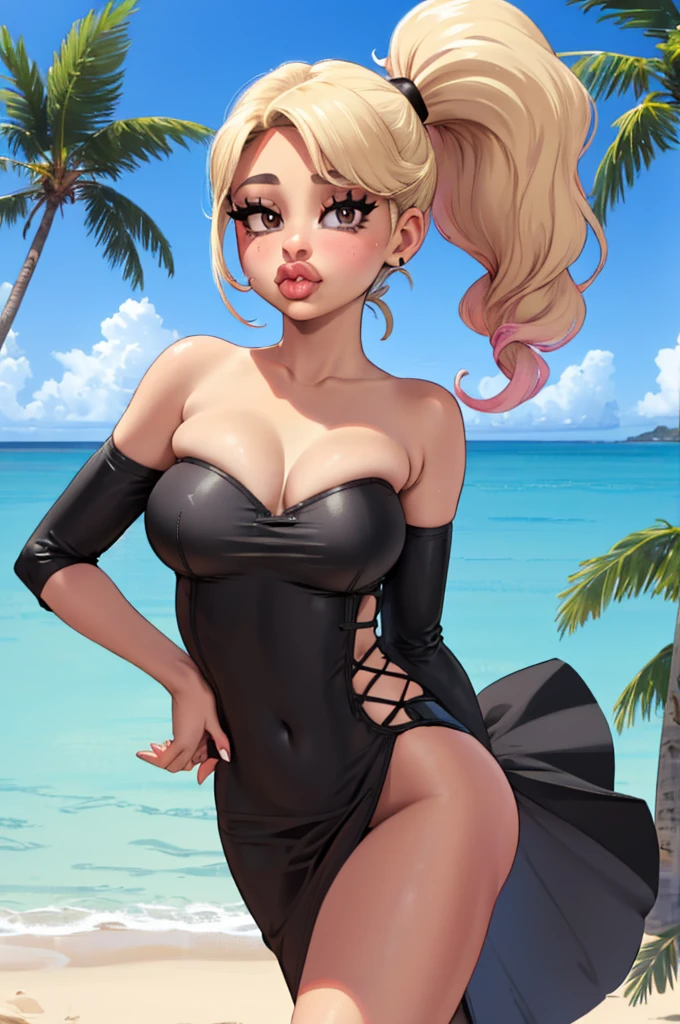 Ariana Grande, pink full lips, light skin, sharp brown eyes, blonde hair, side ponytail, pouting lips, perky breasts, black strapless top, short dress, at the beach, palm trees, wide shot ((masterpiece, highres))