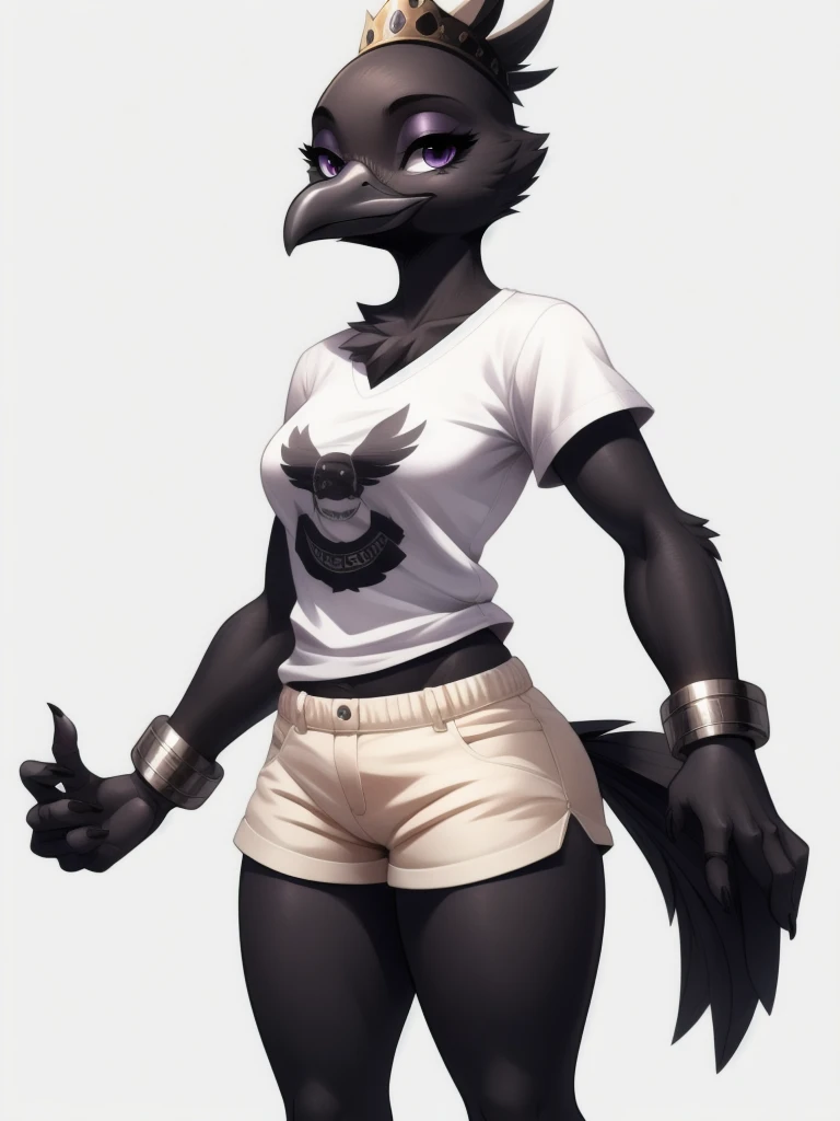 an Anthropomorphic avian crow girl, female, black birds crest on head, small grey beak, tall, black arms and legs, black body, standing, white background, purple eyes, humanoid body, humanoid arms, hands with five fingers, wearing white shirt, white shorts, silver bracelets,