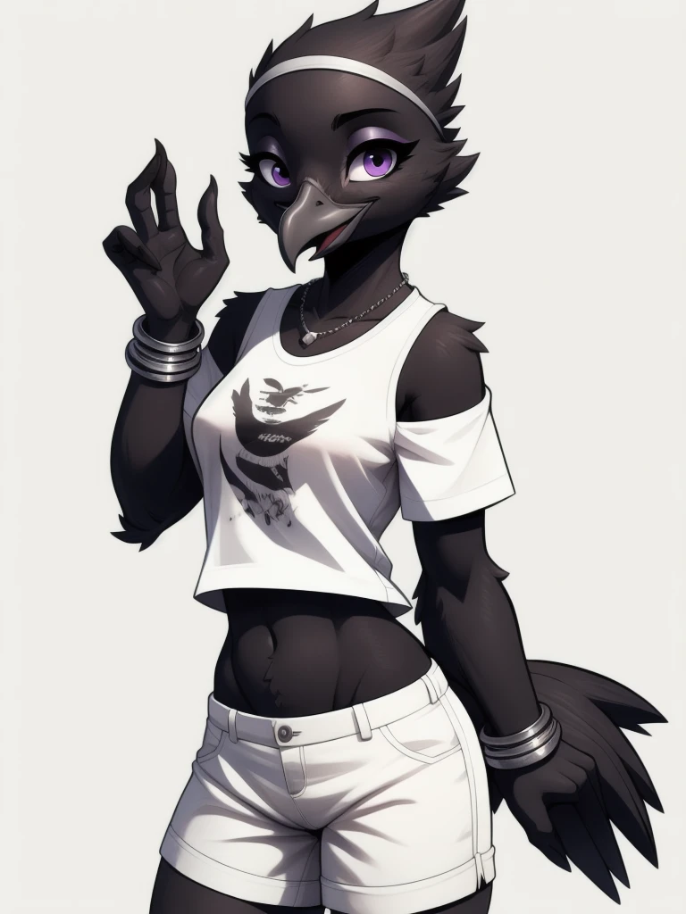 Score_9, score_8_up, score_7_up, flat colors,  an Anthro avian crow girl, female, small grey beak, tall, small crow tail, black body, standing, white background, purple eyes, short black emo hair, purple highlights in hair, upper body shot, portrait, naked, black nipples, small breasts, eyes half closed, bored, 