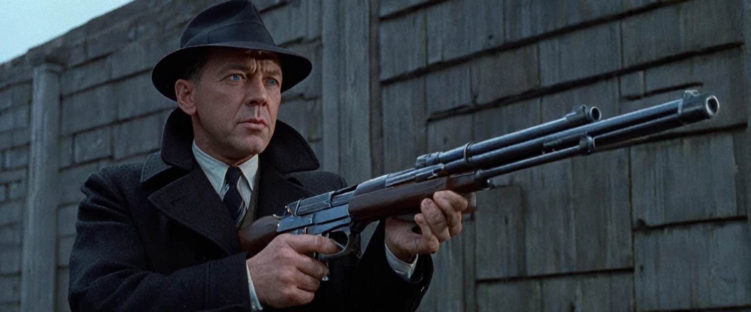 score_9, score_8_up, score_7_up, source_photo, photography, realistic, , detailed, cinematic angle, rating from side, safe, Wide shot, 1boy, 45years old, Eliot Ness in Black Trench Coat is holding a submachine gun to viewer, masterpiece, 8k,