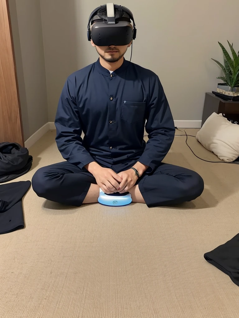 View of a male user undergoing a mindfulness session in VR, looks calm and focused. modest clothing