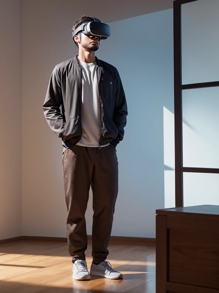 View of a male user undergoing a mindfulness session in VR, looks calm and focused. modest clothing