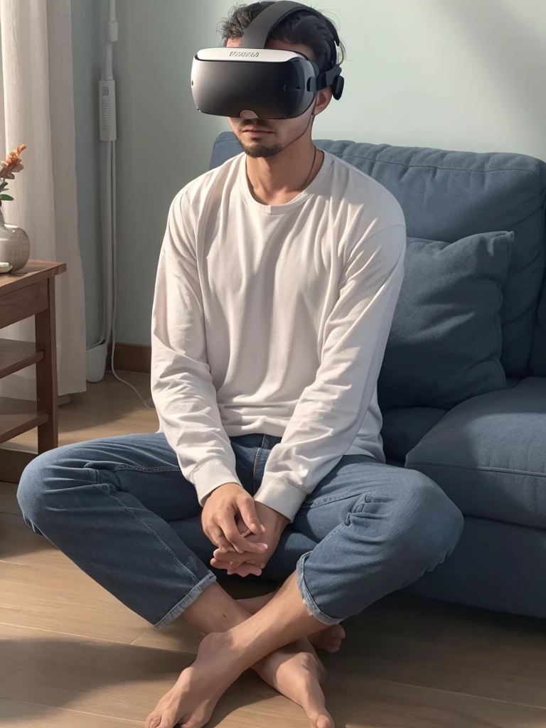 View of a male user undergoing a mindfulness session in VR, looks calm and focused. modest clothing