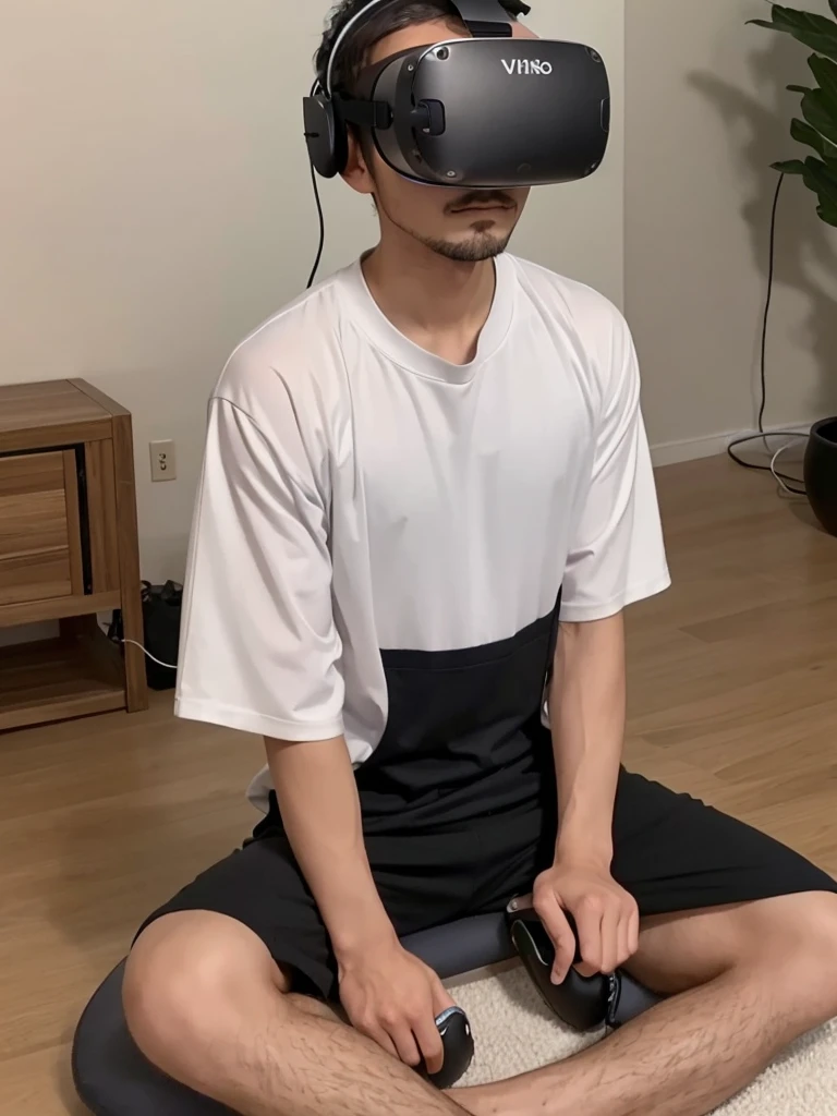 View of a male user undergoing a mindfulness session in VR, looks calm and focused. modest clothing