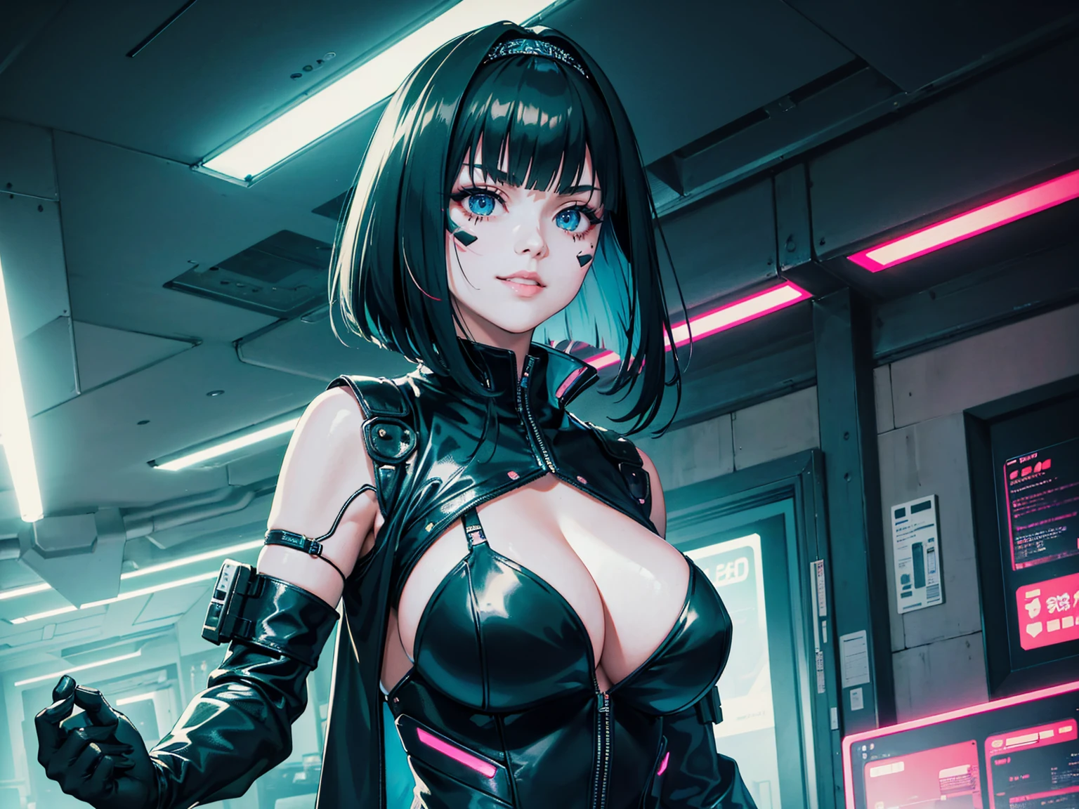 masterpiece, Best quality, (1 girl), (solo) (front facing), (upper body), (smile),(from front), (portrait), (night), (pose for picture), (dystopian city street), (large breast), (cleavage), (long hair),, black costume, black, gloves, dress boots, black gloves, puffy sleeves, black dress) (blak hairband),(cyberpunk costume), (green hair), (blue eyes), feather-trimmed sleeves anime, realistic, masterpiece, (bobcut, bangs), (A2 costume) (cyber_mark), ( facial mark), (cyberpunk suit), (j4nu4ryj0n3s cleavage), (demure), (dark room), (neon lights), (cyberpunk room), (focus on body), (look at front), (look at viewer)
