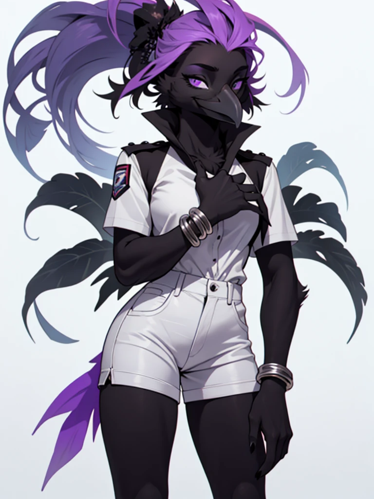 an Anthropomorphic avian crow girl, female, black birds crest on head, small grey beak, tall, black arms and legs, black body, standing, white background, purple eyes, humanoid body, humanoid arms, hands with five fingers, wearing white shirt, white shorts, silver bracelets,
