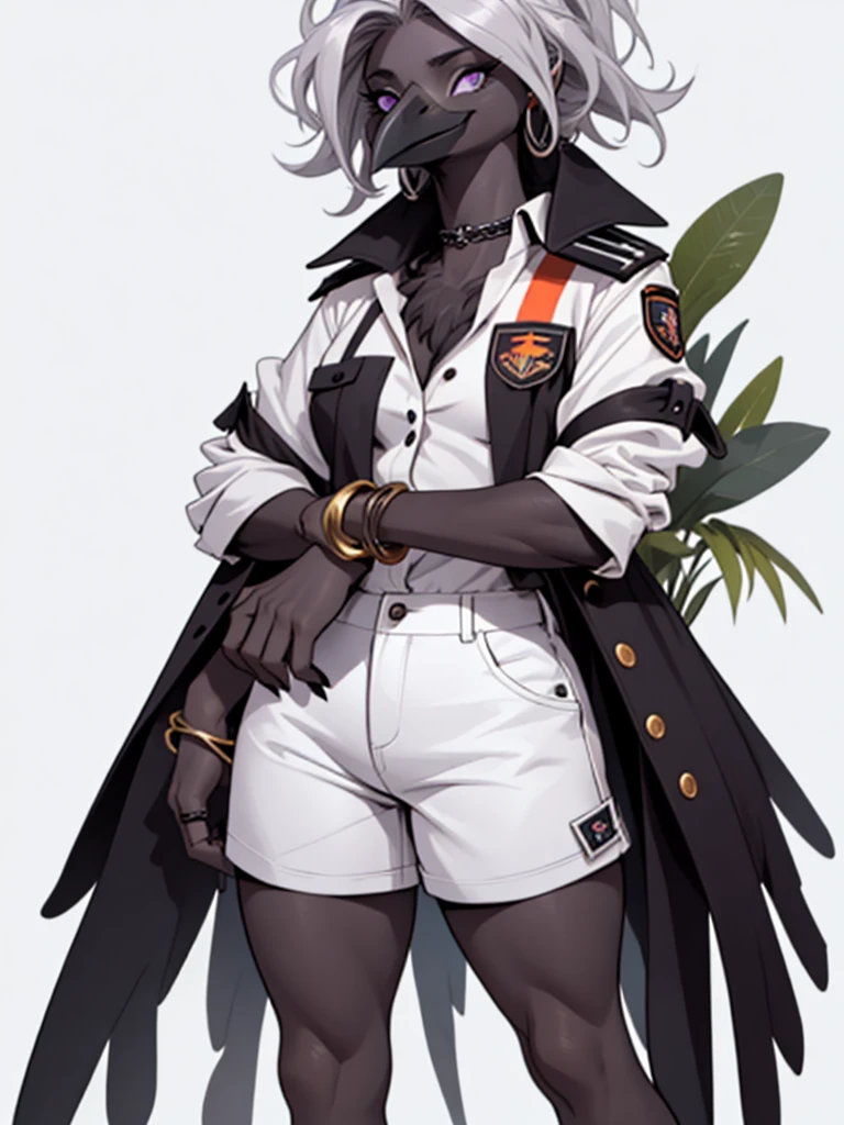 an Anthropomorphic avian crow girl, female, black birds crest on head, small grey beak, tall, black arms and legs, black body, standing, white background, purple eyes, humanoid body, humanoid arms, hands with five fingers, wearing white shirt, white shorts, silver bracelets,