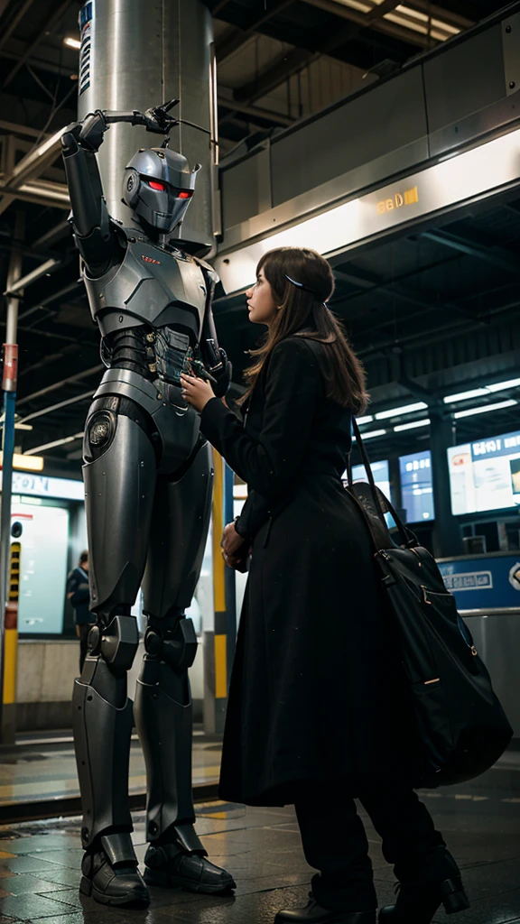 a tall robot extends his hand to a girl at a train station in the dark