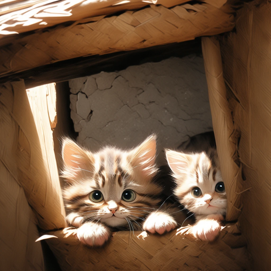 Brown tabby kitten、Long beard、Peeking out from a hole in the wall