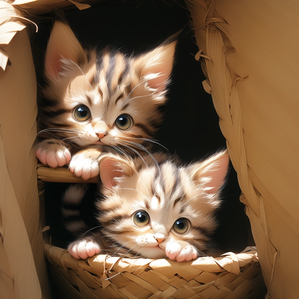 Brown tabby kitten、Long beard、Peeking out from a hole in the wall