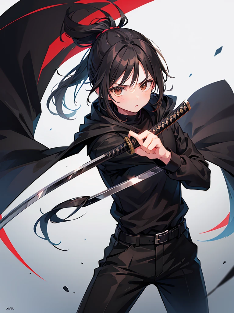 teenage man, medium length black hair in a ponytail, brown eyes, black cloak, black pants, black shirt, wielding a katana
