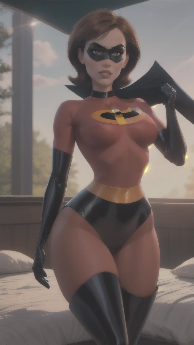 (masterpiece), best quality, outdoors, lens flare, depth of field, 1girl, solo, looking at viewer, breasts, helenparr, domino mask, mask, bodysuit, elbow gloves, thighhighs, thigh boots, wide hips, standing, sexy pose, at the bedroom
