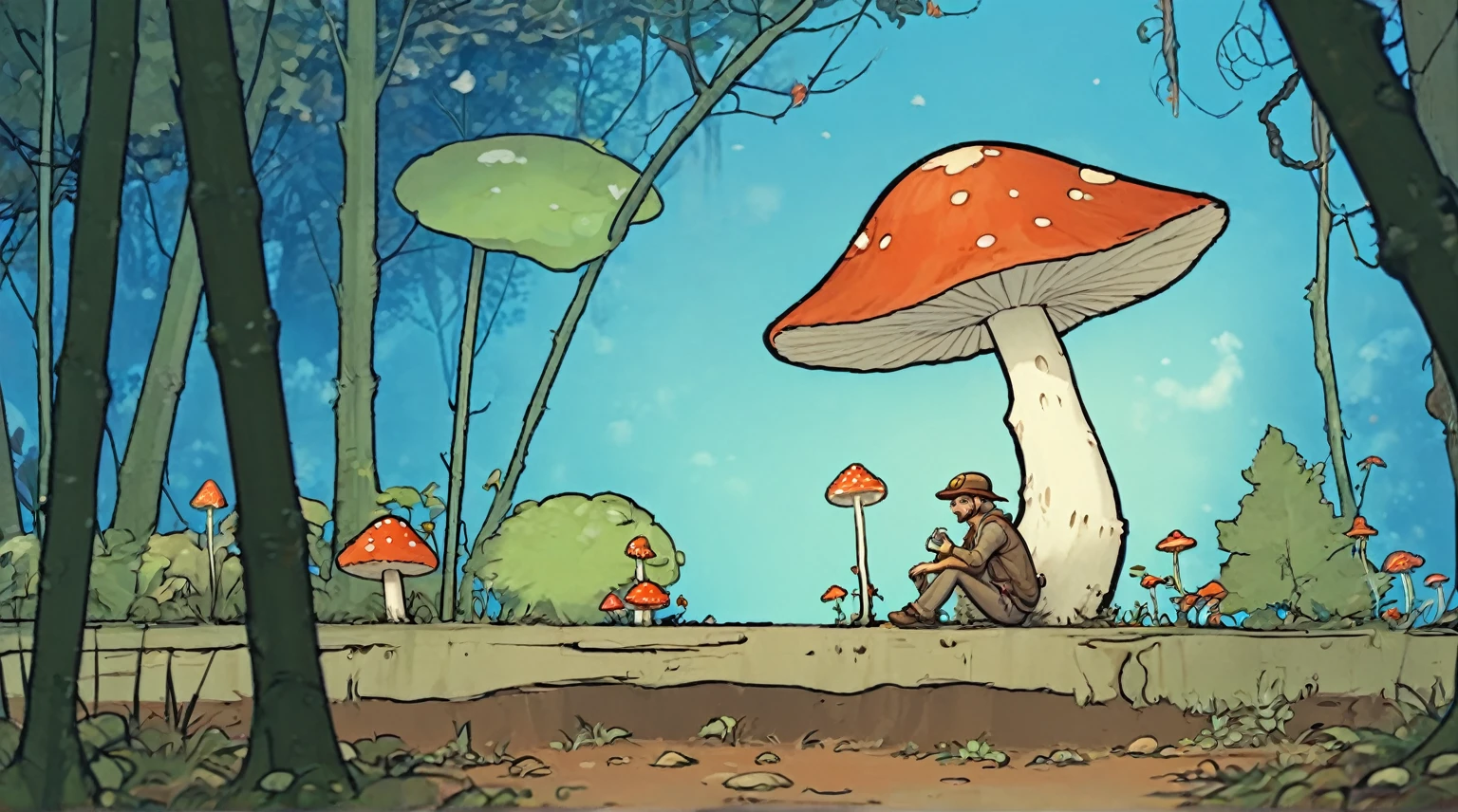 cartoon of a man sitting under a mushroom in a forest, game illustration, overgrown with fungi, mushroom forest, Screenshots, Video Game Still, Game Art, mushroom city, mushroom, mobile Game Art, Cutscenes, Conceptual art for video games, Animation stills, mushroom, 2 d digital video Game Art, video game Cutscenes