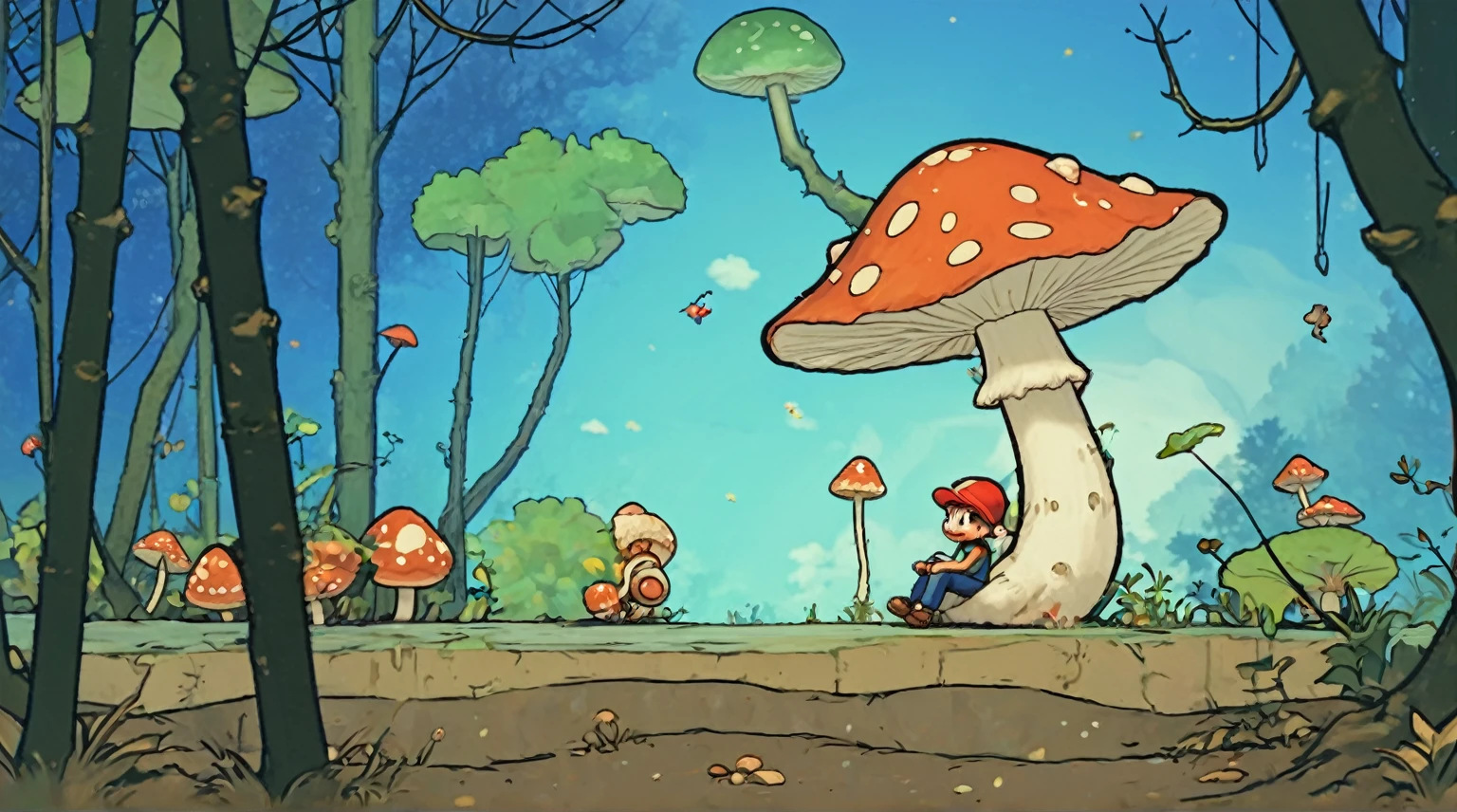 cartoon of a man sitting under a mushroom in a forest, game illustration, overgrown with fungi, mushroom forest, Screenshots, Video Game Still, Game Art, mushroom city, mushroom, mobile Game Art, Cutscenes, Conceptual art for video games, Animation stills, mushroom, 2 d digital video Game Art, video game Cutscenes