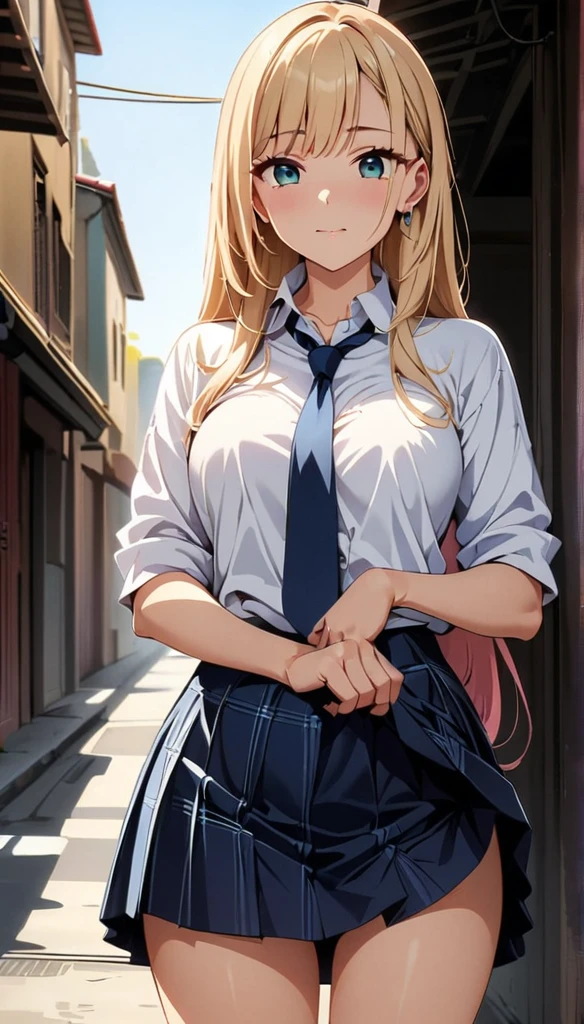 (highest quality:1.2, Anime artwork, Very detailed, High Detail, digital coloring, High Contrast, masterpiece:1.2, highest quality, Best aesthetics), (((kitagawa marin, 1 girl))), Black Hair, Straight long hair, Pink gradient hair, empty eyes, Earrings, White shirt, Black choker, Blue tie, Checked skirt, Pouting, slouch, Are standing, Cowboy Shot, bustling street, lift skirt myself,skirt lift,show panty,panty,lingerie,embrassing,lovestruck