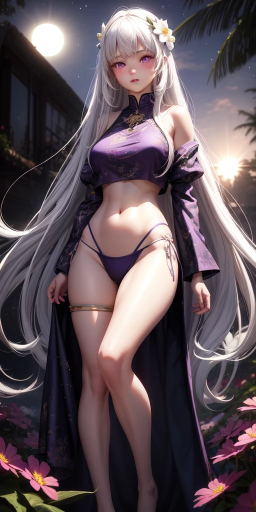 realistic, 1girl, long white hair, purple eyes, glowing eyes, crop top, bikini, parted lips, blush, night, flowers, sun, sunlight, no brazzer, long legs, bottom big, fantasy
