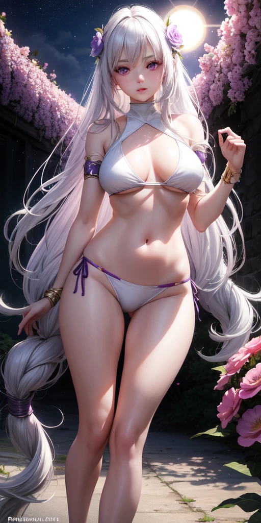 realistic, 1girl, long white hair, purple eyes, glowing eyes, crop top, bikini, parted lips, blush, night, flowers, sun, sunlight, no brazzer, long legs, bottom big, fantasy