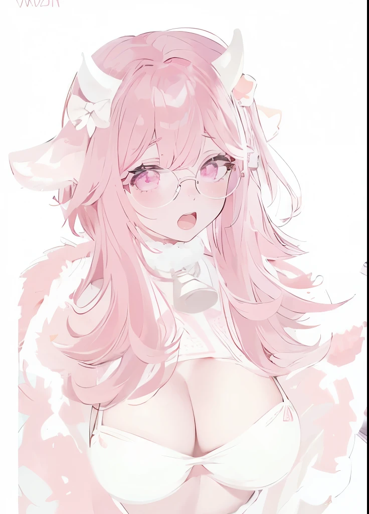 IMVU, pink hair, pink heart eyes, white round glasses, pale skin, white and pink cow ears, white horns with pink bows, fuzzy white jacket with pink spots, pink cowbell choker, kawaii, soft, high quality, masterpiece, 8k