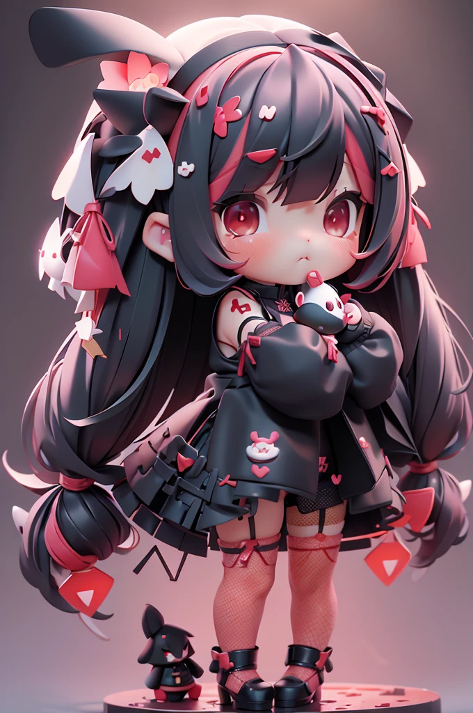 High quality、plastican00d、Bright atmosphere、Realistic Light、Red spotlight from above、pretty girl、、Red leotard、Fishnet tights、Pink Hair、garter belt、Two-headed appearance、Doll、Chibi、plastic、Black long hair、Straight Hair、grassland、、Rabbit mouth、full body, chibi,
