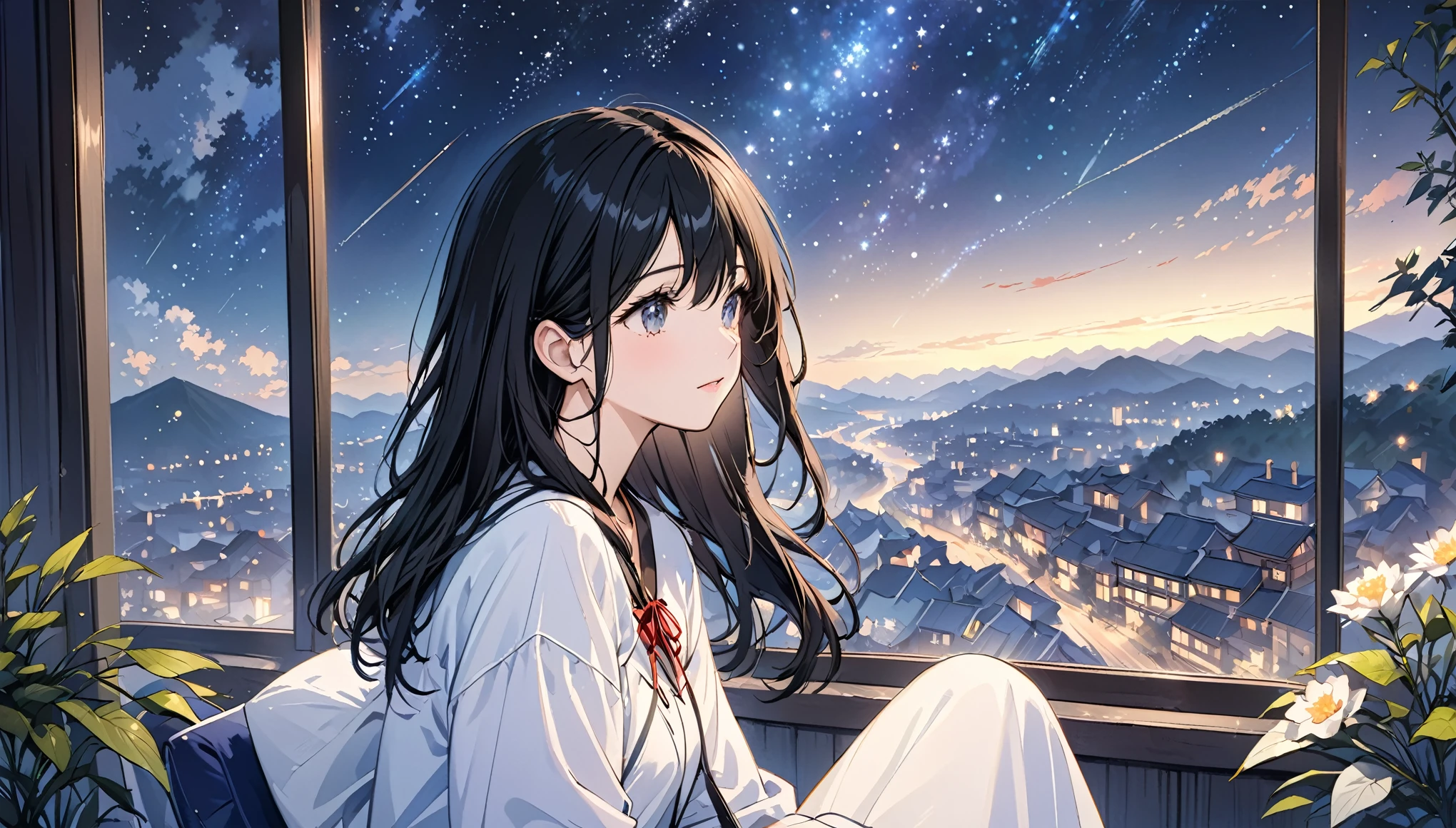 (Highest quality), Girl looking at the night view,Black Hair,Beautiful starry sky
