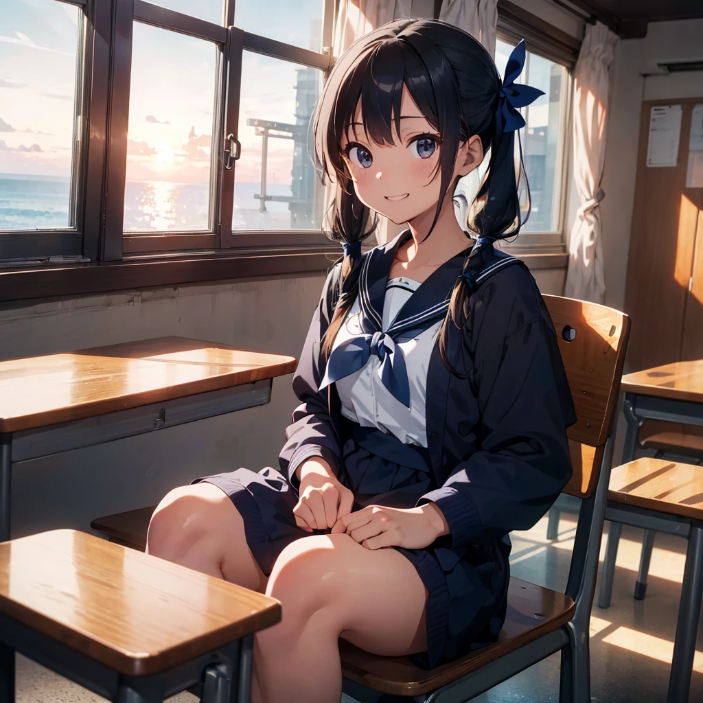 Highest quality, Very detailed, masterpiece, One Girl, Sitting in a chair Smiling, Open Mouth, 15yo, (low twintails:1.2), Low Pigtails, Black Hair, Long Hair, (Navy blue sailor suit with blue ribbon:1.4), Long sleeve, School desk, School Chair, classroom, from the front, Close up on face, First-person view, alone, window, distant cityscape, obliquely, Sea in the back, 16 o'clock, Orange sky, anime,