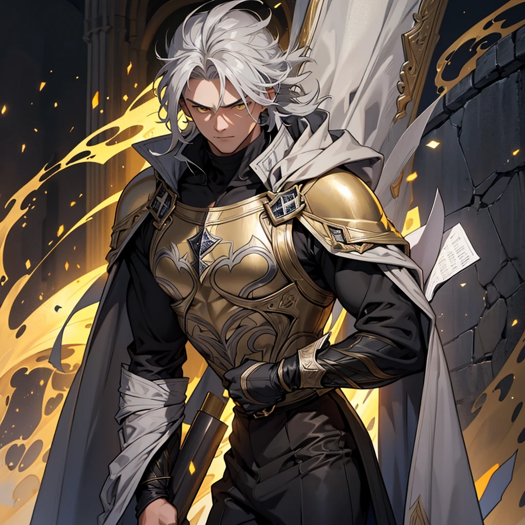 A 15 year old boy, weak body, fragile body, no muscles, long gray hair, gray hair, big hair, yellow eyes, suit, wearing a black suit, medieval period, medieval background, Ultra HD 4k, 4k, Ultra HD